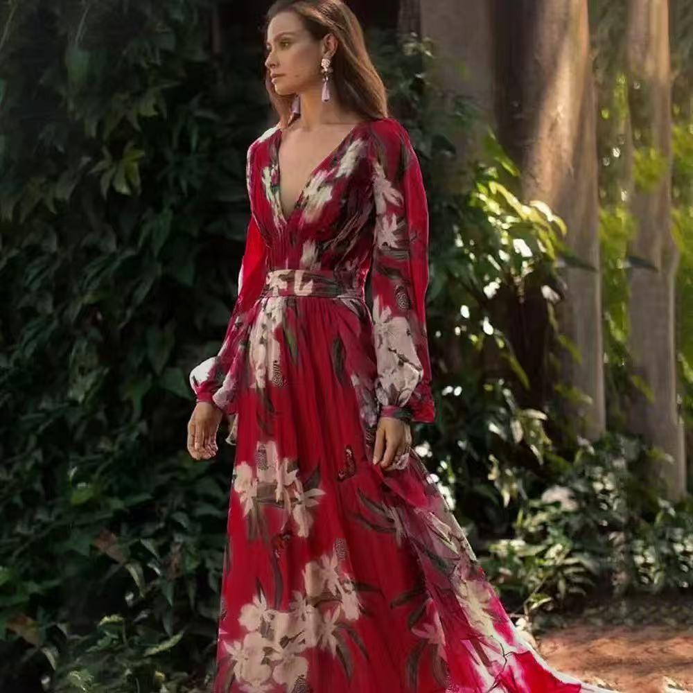 Winter, Europe And The United States New Women'S V-Neck Long-Sleeved Printed Pendulum Dress