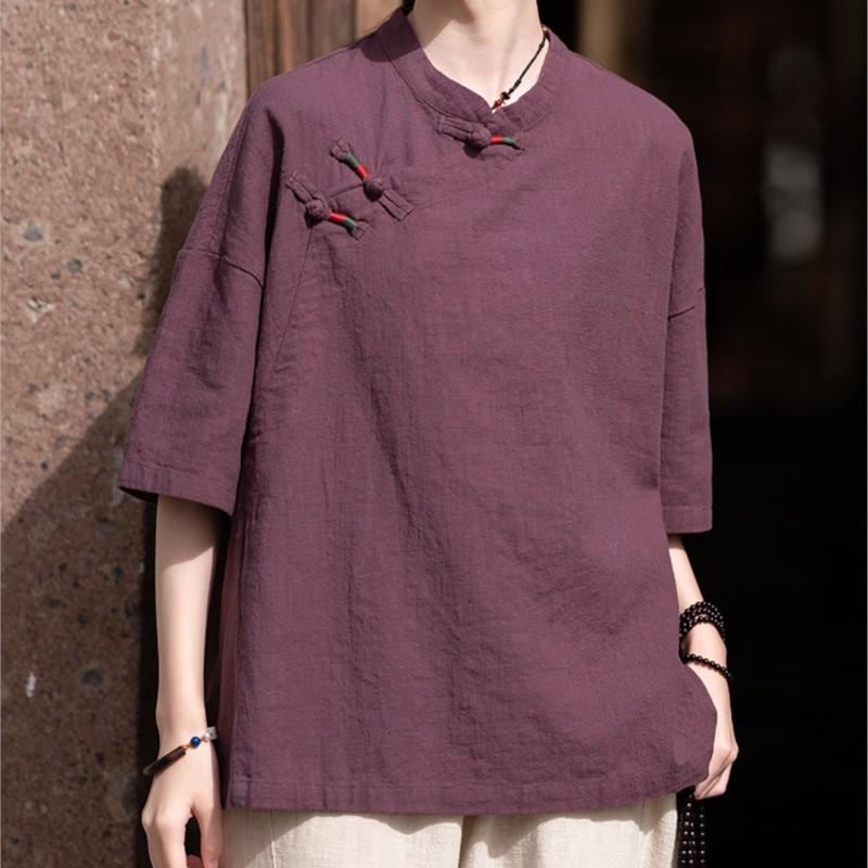 Johnature Women Chinese Style Shirts Tops Solid Color Summer Stand Button Vintage Women Shirts