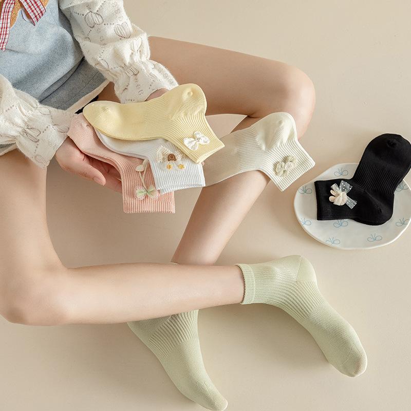 Female Spring and Summer Cartoon Lovely All Kinds of Stereo Bowknot Boneless Mesh Breathable Tube Cotton Socks