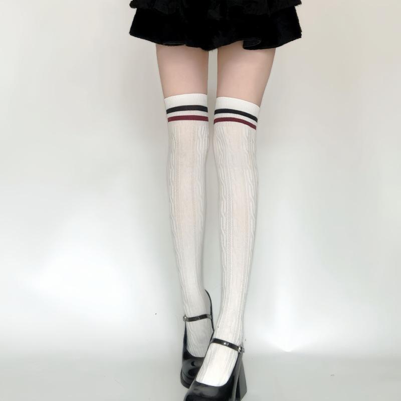 Women's College Style Over-the-Knee Cable Knit Socks with Stripes