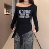 Women's Plus Size One-Shoulder Strappy Long-Sleeve Printed T-Shirt, Waist-Cinched, Slimming, Autumn Collection