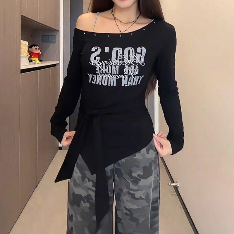 Women's Plus Size One-Shoulder Strappy Long-Sleeve Printed T-Shirt, Waist-Cinched, Slimming, Autumn Collection