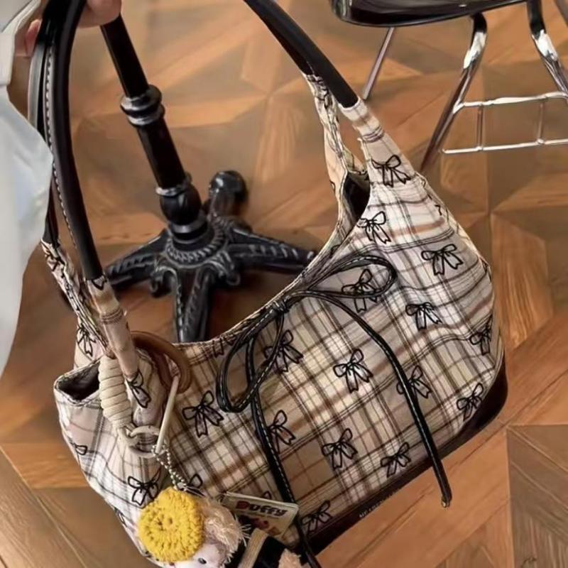 JIAERDI Vintage Brown Bow Tote Bag Women Plaid Large Capacity Shoulder Bag Ladies Versatile Casual Simple Commuter Underarm Bags