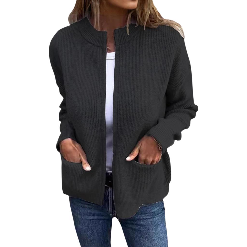 Women's Fashionable Solid Color Long Sleeved Stand Up Collar Zipper Loose Pocket Jacket Casual Jacket