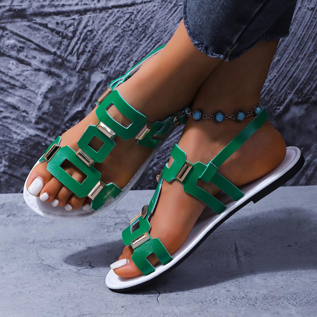 Fashion 2025 Round Headed Leather Ladies' Sandals Flat Casual Beach Shoes Comfortable Footwear with Metal Decoration for Women Sandals