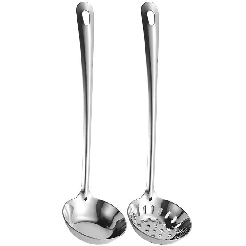 304 Stainless Steel Flat-Bottom Hot Pot Ladle with Extended Handle and Deep-Bottom Strainer Spoon