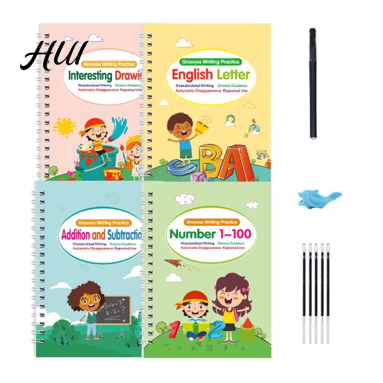 Alphabet Tracing Learning Book 4Pcs Grooved Handwriting Practice Workbooks Reusable Kids Number Children Writing with Pen Refills Pencil Gripper A