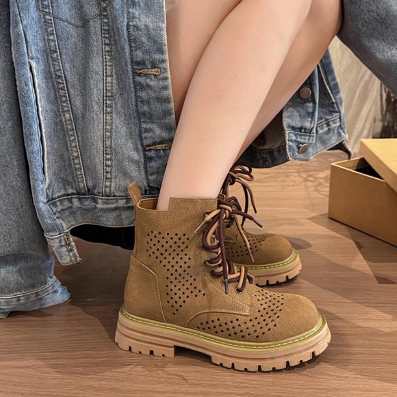 Fashion Women's Breathable Short Boots Zipper Lace-up Decoration Square Heel Round Toe Shoes Women Leisure Daily Breathable Roman N