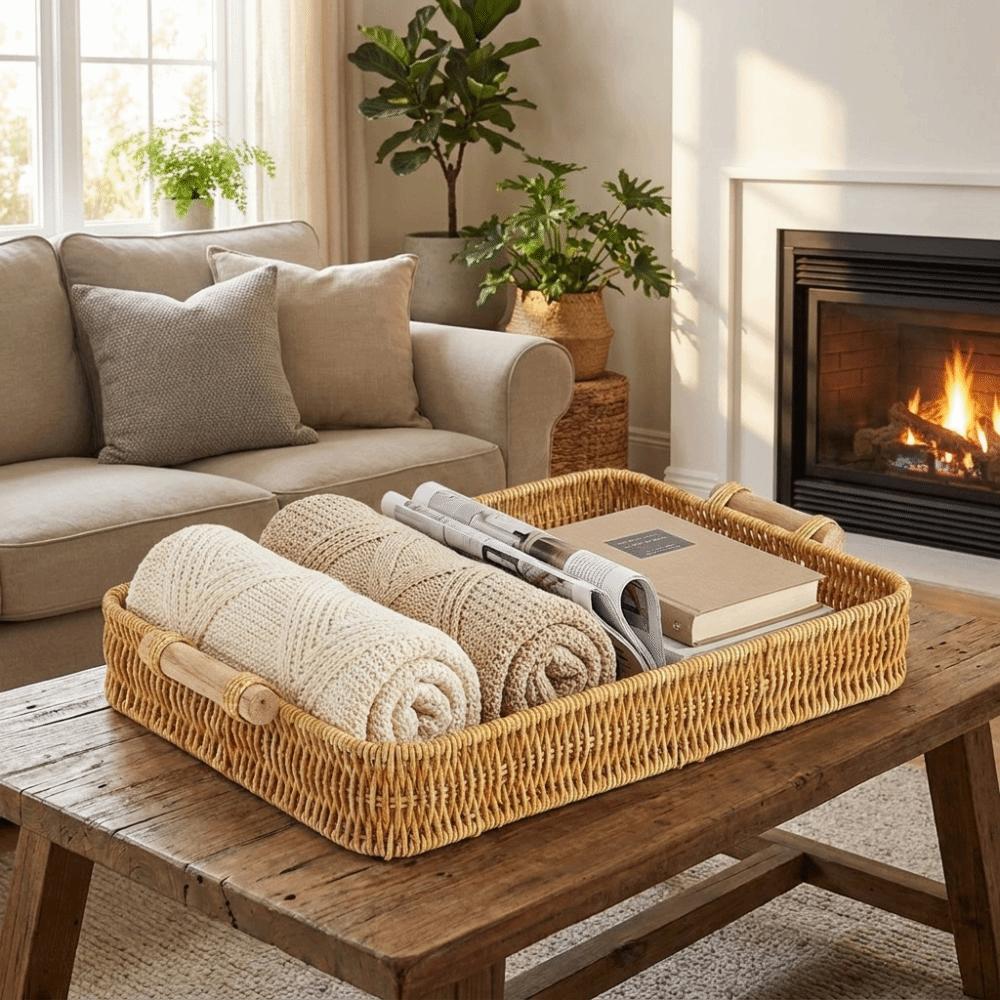 Rectangular Woven Storage Basket Shallow Bin Food Plate Snack Plate Handwoven Basket Kitchen
