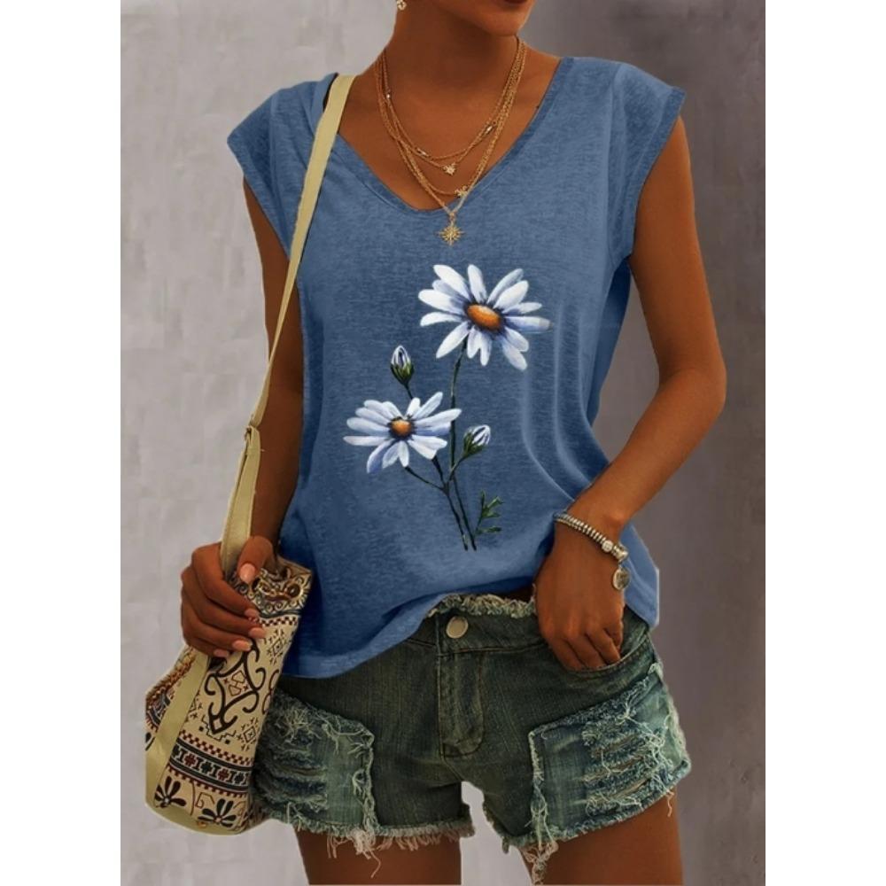 Summer Women 5 Color Ladies Fashion Floral Print Casual Tank Top Loose Sleeveless Tank Top V Neck Female T Shirt