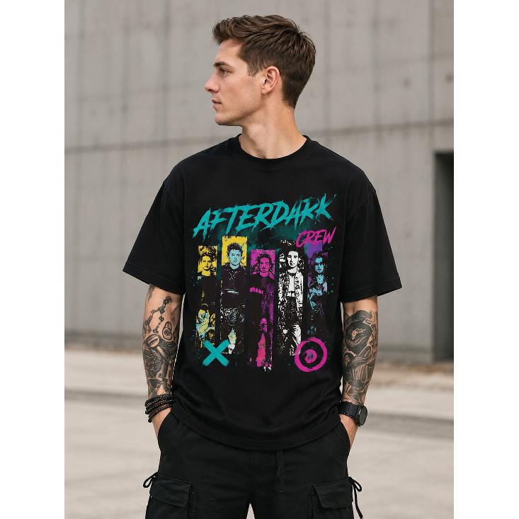 Men s black graphic tee with neon Afterdark Crew print, relaxed fit, short sleeves, crew neck, soft cotton feel, streetwear style for casual S чёрный