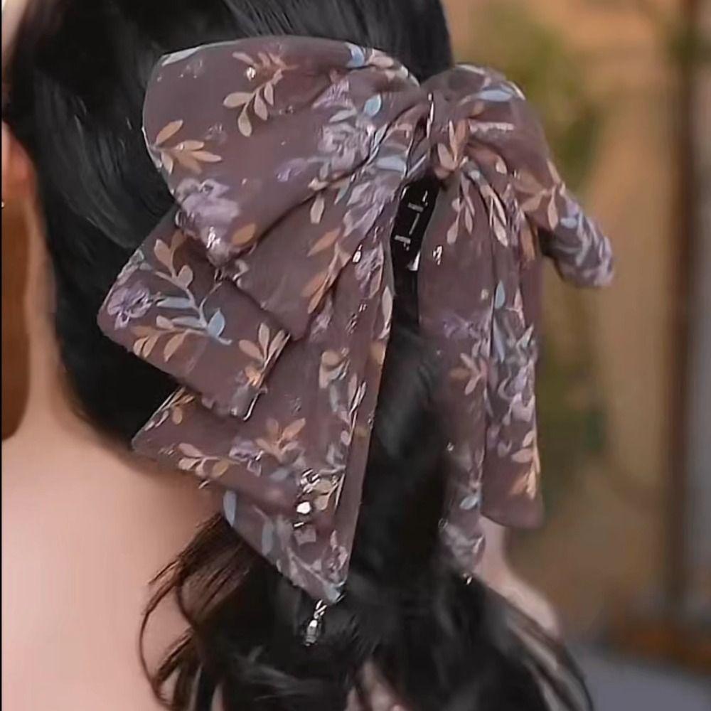 French Style Chiffon Hair Claw Large Women Hair Grab Clip Crystal Bow Shark Clip Daily