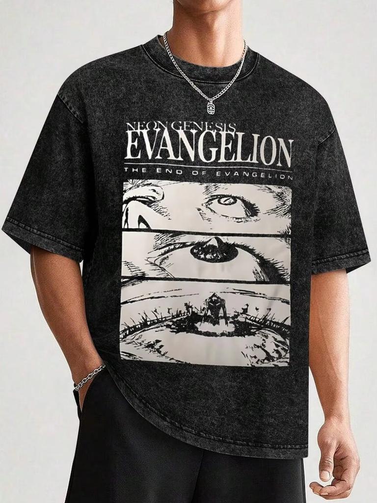Neues Jahrhundert Evangelion EVA Anime Bedrucktes Vier Jahreszeiten Vintage Baumwolle Gewaschenes T-Shirt Harajuku Herren T-Shirt Trendiges Retro Grafik-T-Shirt