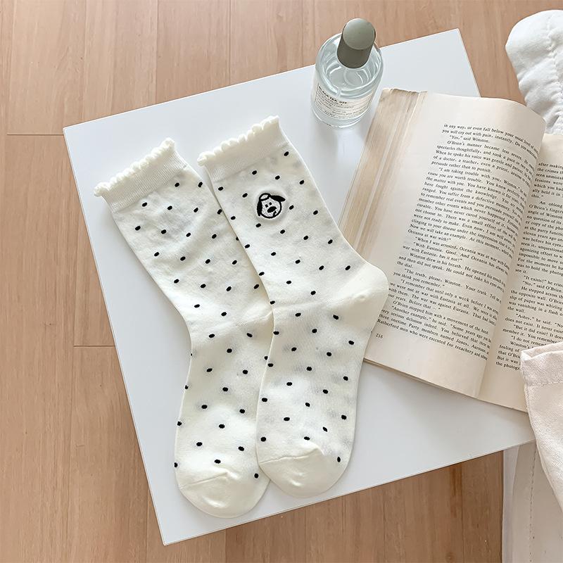 Women's Autumn and Winter New Polka Dot Embroidered Puppy Bubble Mouth Lace Cotton Mid Calf Socks