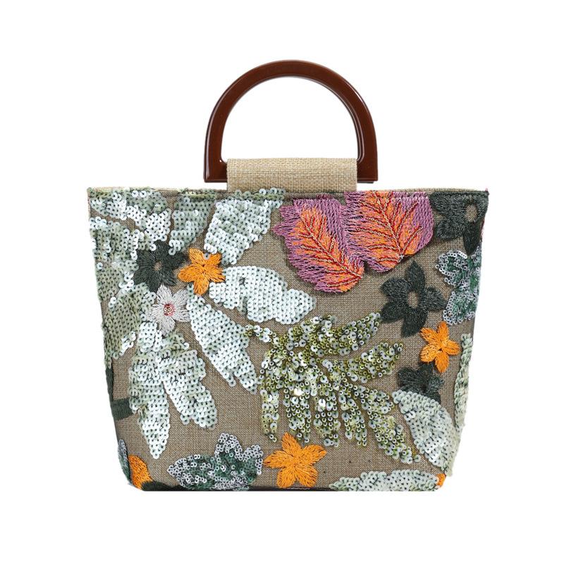 Summer New Arrival Bamboo Handle Elegant Colorful PVC Sequins Linen Embroidery Handheld Tote Bag for Women - Versatile