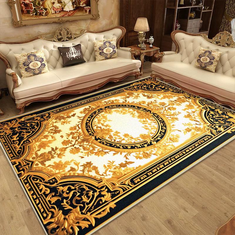 Goldener Luxusteppich für Wohnzimmer Europa Große Fläche Sofa Waschbare Teppiche Dekoration Zuhause Rutschfeste Bodenmatte für Schlafzimmer Bettseite
