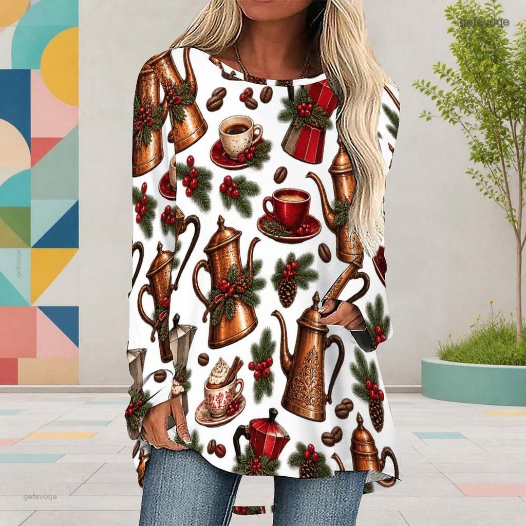 Women Plus Size White Christmas Printed Round Neck Long Sleeve Loose High Low Hem Shirt