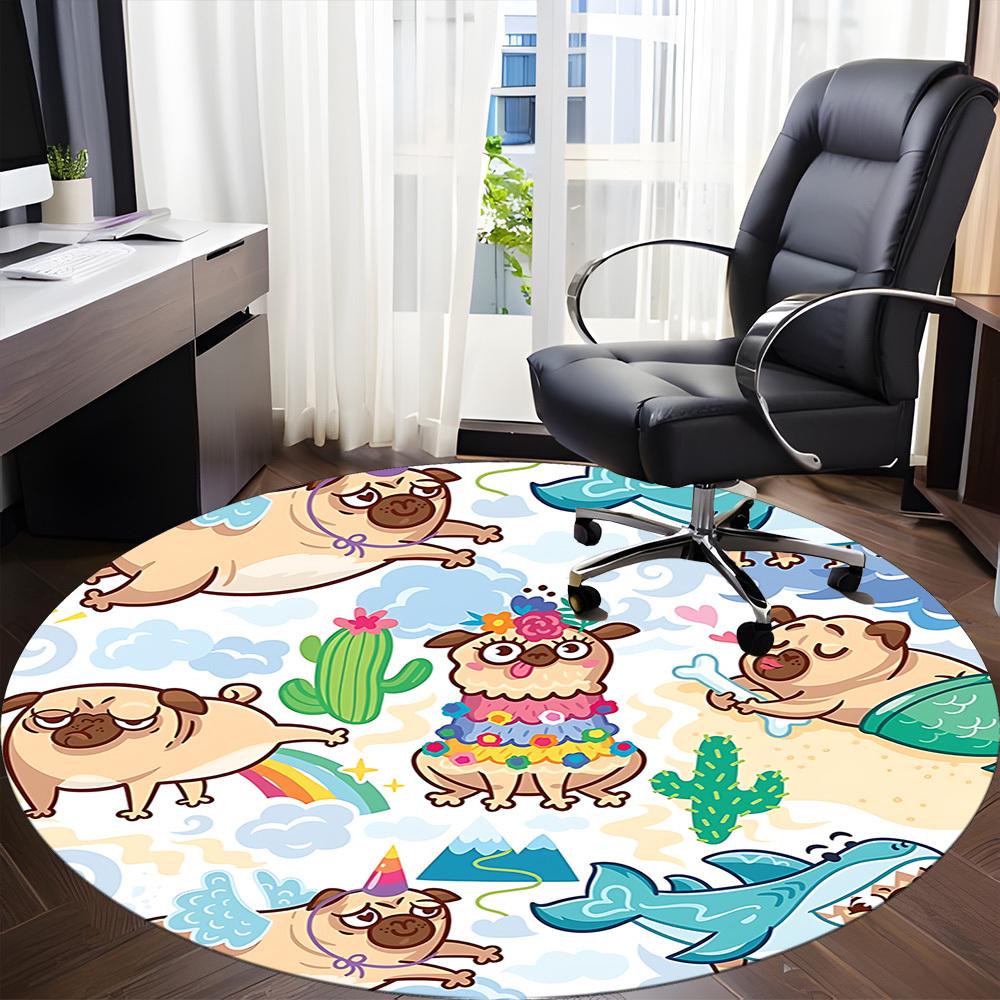 1PC Pug Party Office Round Area Rug, Mat Suitable ForOffice, Under Office Chairs Bedroom Living Room Home Decor, Room Deco