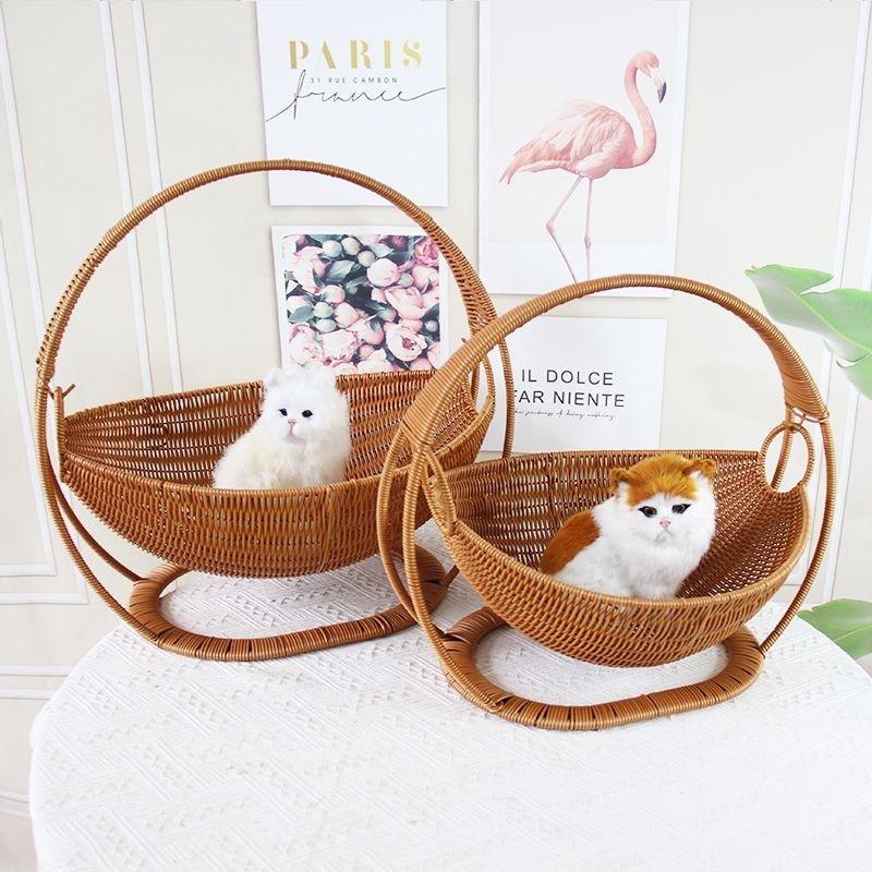 Handwoven Rattan-Style Cat Bed Basket Living Room Bedroom Pet Nest Storage Organizer