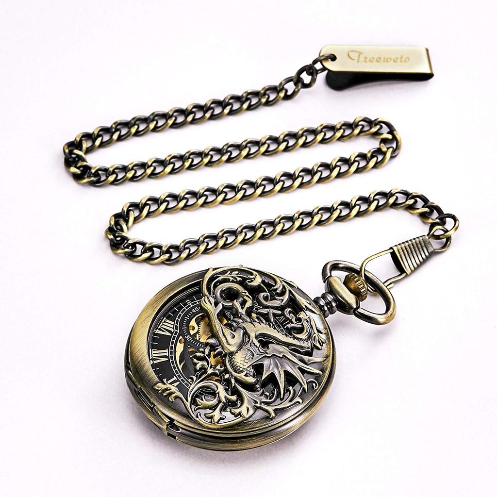TREEWETO Mechanical Pocket Dragon Roman Bronze with Chain Hand-Winding Watch, Double-Sided Cover, Openwork, Numerals, Skeleton,