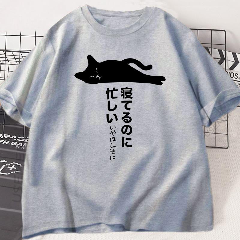Summer Fashion Men's Cotton Japanese Style Cartoon Lazy Cat Sleeping Cat Print Mi Fan Short Sleeve Street Hip Hop Short Sleeve