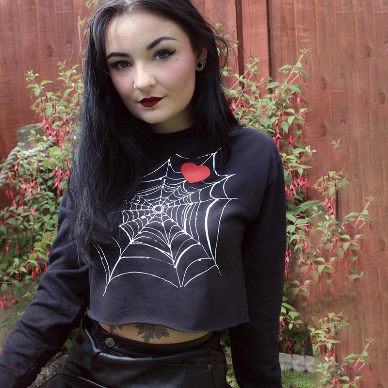 Gothic Halloween Cobweb Print Black T Shirt O Neck Long Sleeve Sexy Cropped Tops Punk Loose Autumn T-shirt