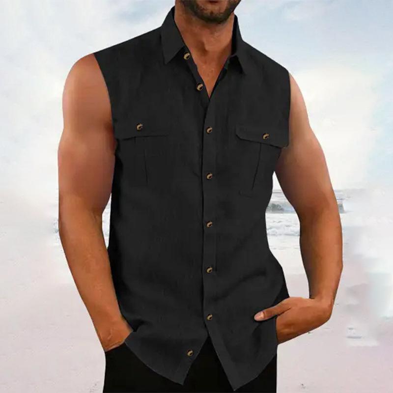 Men's Simple Cotton Linen Solid Color Lapel Sleeveless Shirt Beach Multi-color Casual Loose Men's Shirt