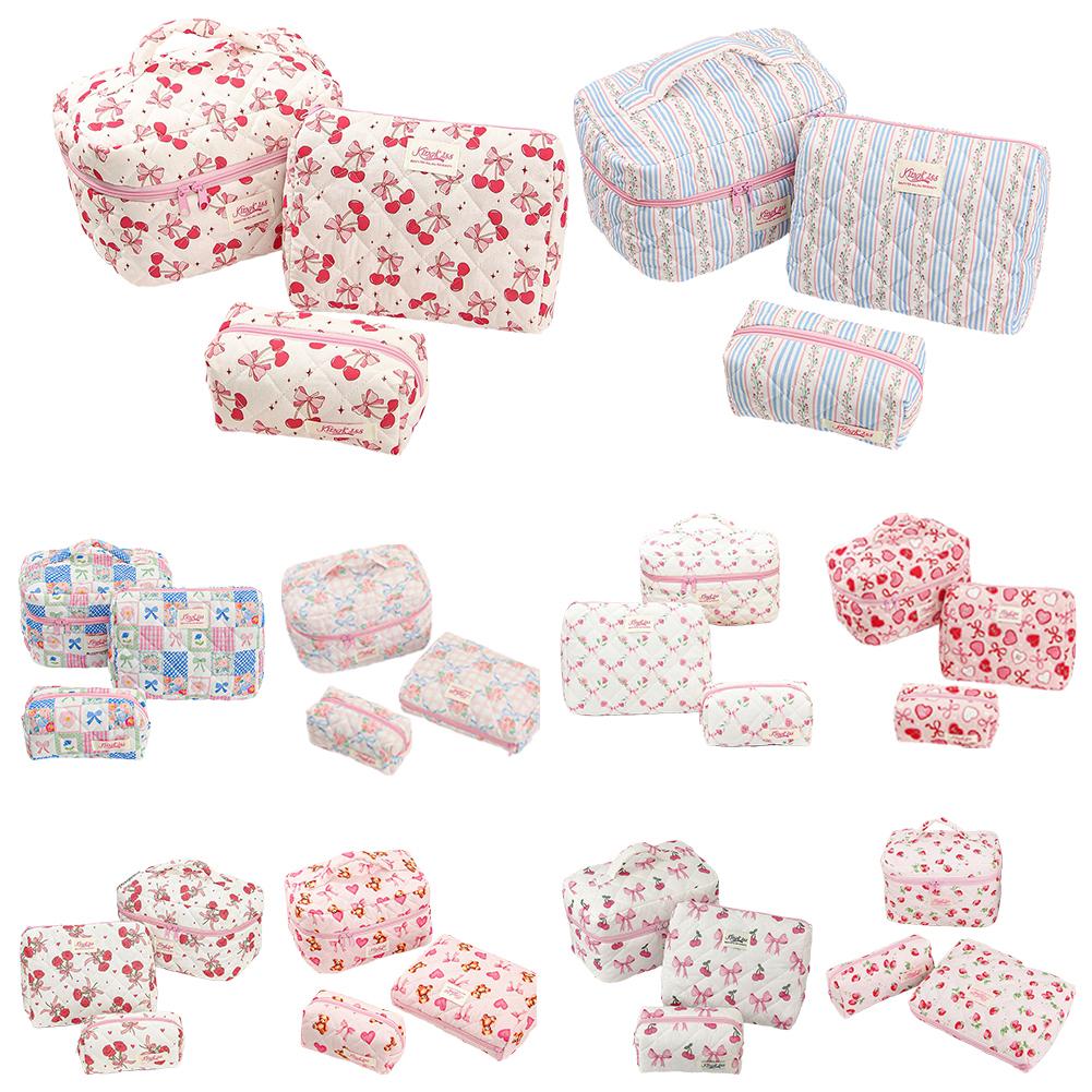 3pcs Cotton Quilted Travel Makeup Bags Large Capacity Toiletry Organizer Bags Makeup Pouch for Women and Girls