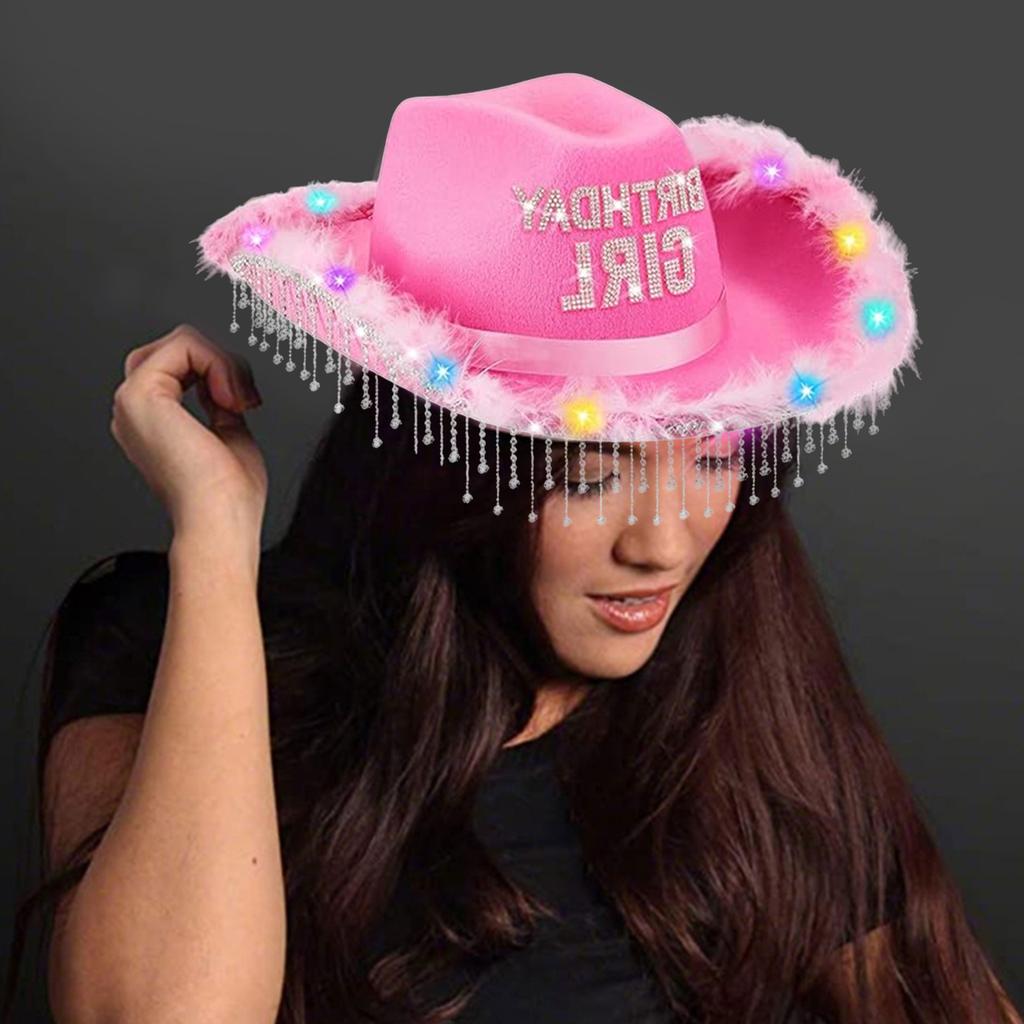 Birthday Tassels Rhinestone Cowgirl Hat With Colorful LED Lights Adjustable Top Cap for Parties Birthday Gathering