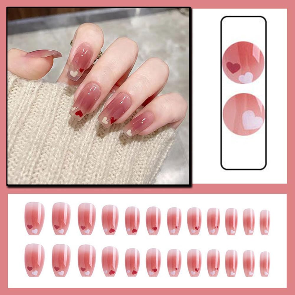 S.A.V.I 24 PCS Heart Print Long Square Press-On Nails - Reusable with Glue & Tape