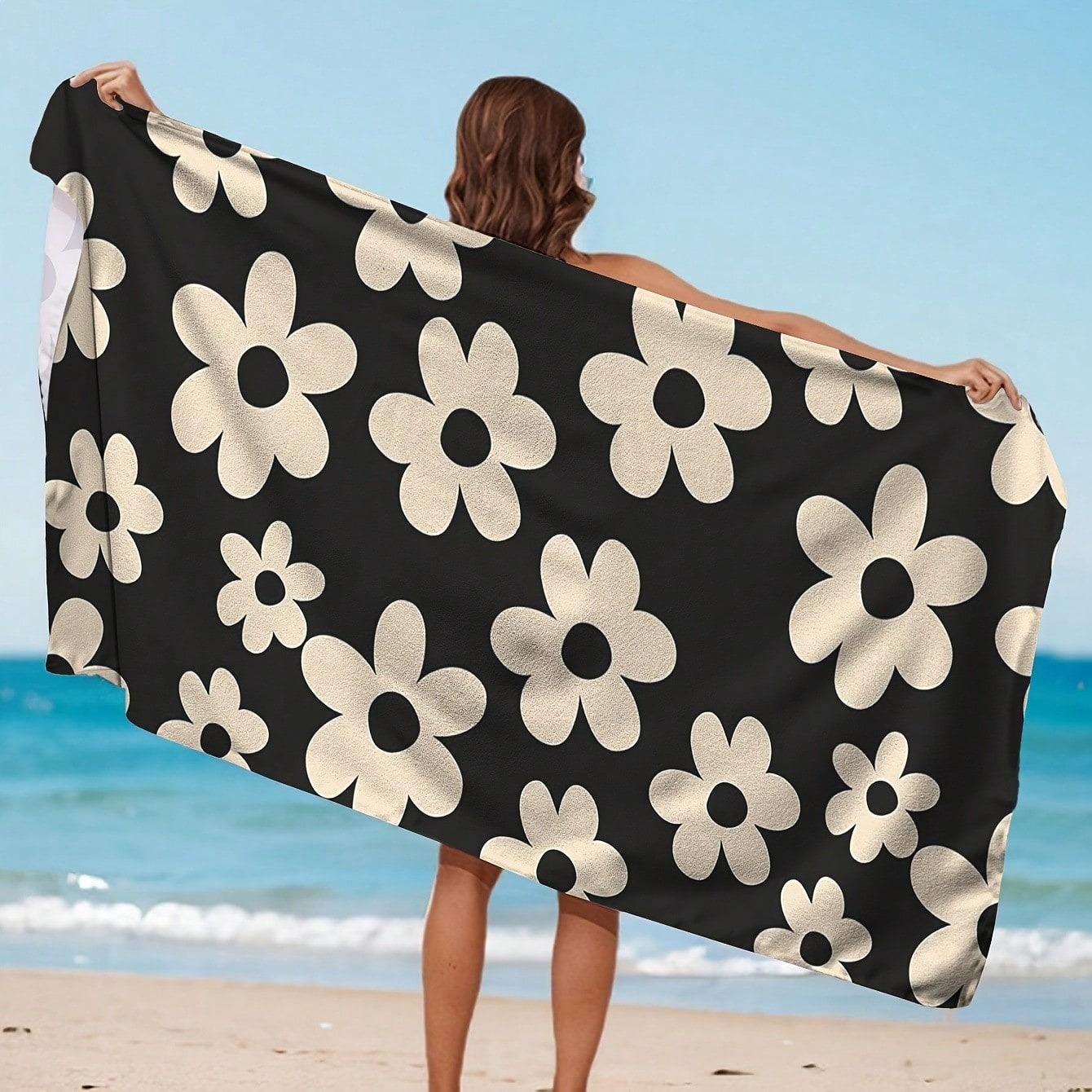 

Black Background Small White Flower Printed Beach Towel Is A Must-Have For Summer And Holiday Bathroom Decoration Beach W40*H60(CM)
