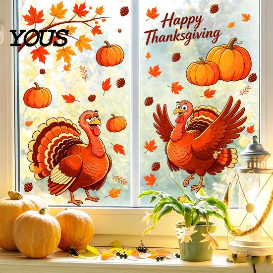 Seasonal Home Party Decorations Thanksgiving Static Window Clings, Cartoon Double Turkey Pumpkin Maple Leaf No?Glue Stickers Glass Decals,