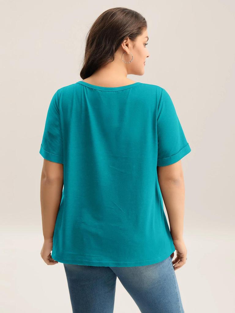 Großformat Damen V-Ausschnitt Knopf Kurzarm Einfarbig Lässig T-Shirt