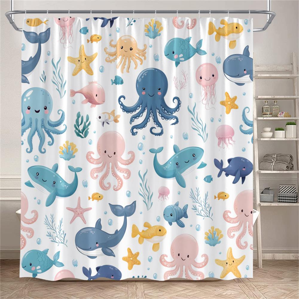 Ocean Fish Shower Curtains Watercolour Coral Sea Animals Kids Bath Curtain Polyester Cloth Modern Home Bathroom Decor With Hooks