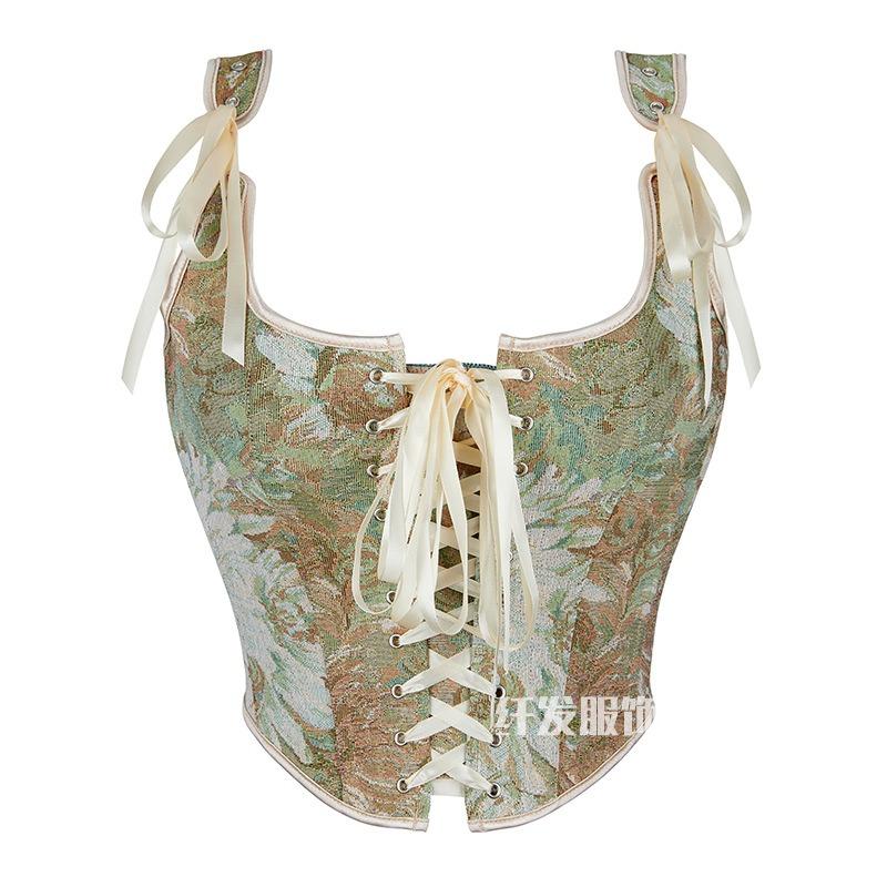 French Jacquard Palace Style Front Opening Strappy Boned Corset Shapewear Bustier