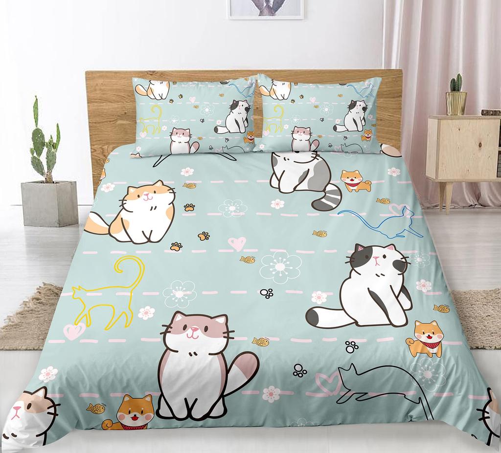 Cartoon Cat Duvet Cover Set Pet Cat Comforter Cover Cute Kitten Neon Light Cat Bedding Set 3D Cat Lover's Bedspread Cover 2/3pcs