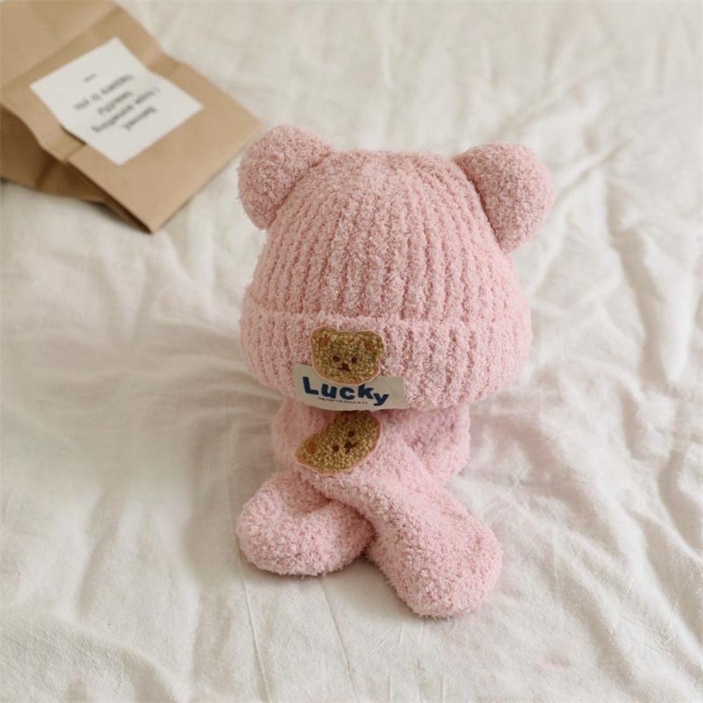 Bear Kids Crochet Hat Solid Color Children's Ear Protection Hat Winter Baby Hat with Scarf  Boys