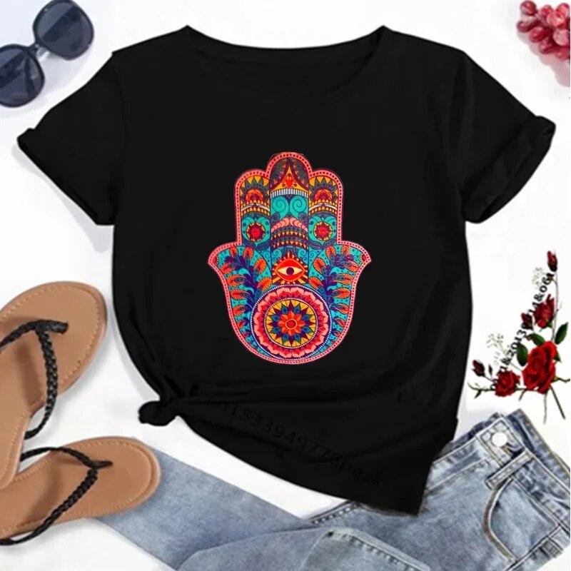 Hamasa Hand of Fatima Tryck WoUnisex T-shirts Lyckobringande Hamsa Hand Harajuku Unisex T-shirts Sommar Kort Ärm Svart Topp T-shirts FeUnisex Unisex