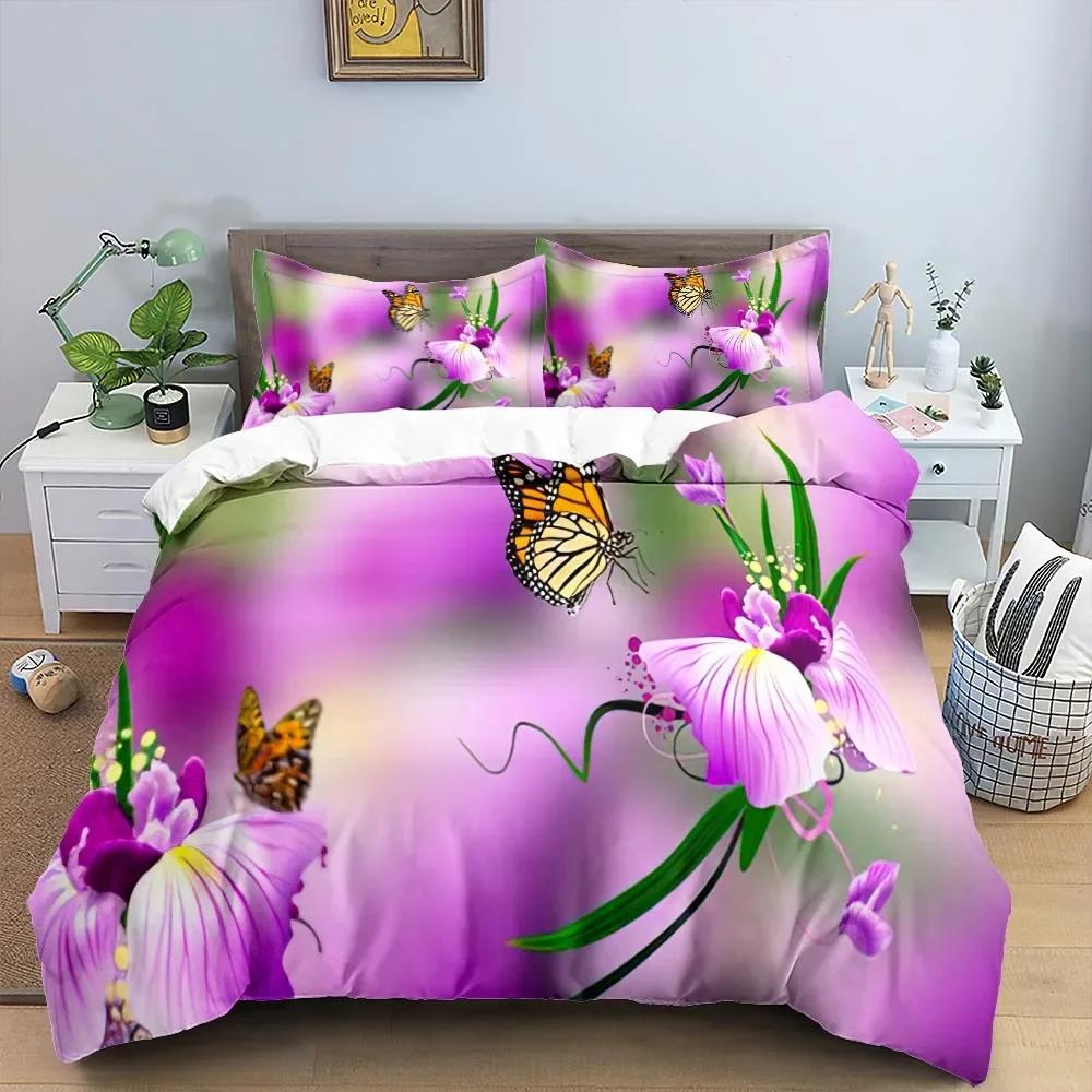 Butterfly Bedding Set 3D Flower Duvet Cover Quilt Cover with Zipper Queen Double Polyester Comforter Set Kid Girl Christmas Gift