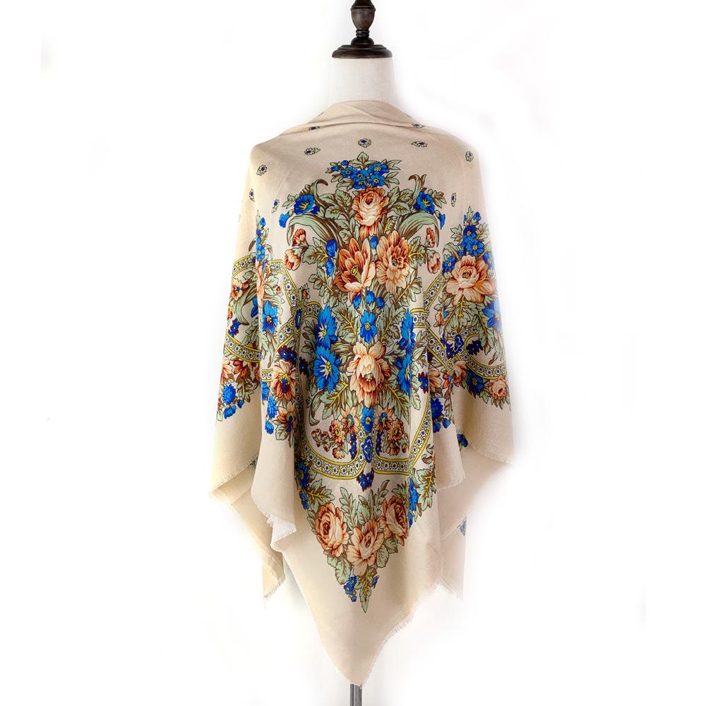 Ethnic Floral Print Tassel Scarf - Breathable Hemp Shawl for Spring and Autumn 130*130cm