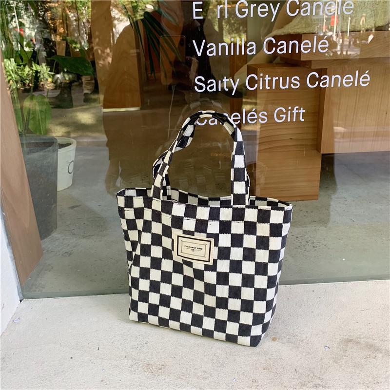 Шикарная вельветовая клетчатая сумка-тоут для ланча, милая ретро-мамина сумочка, идеально подходит для повседневного использования Black Plaid