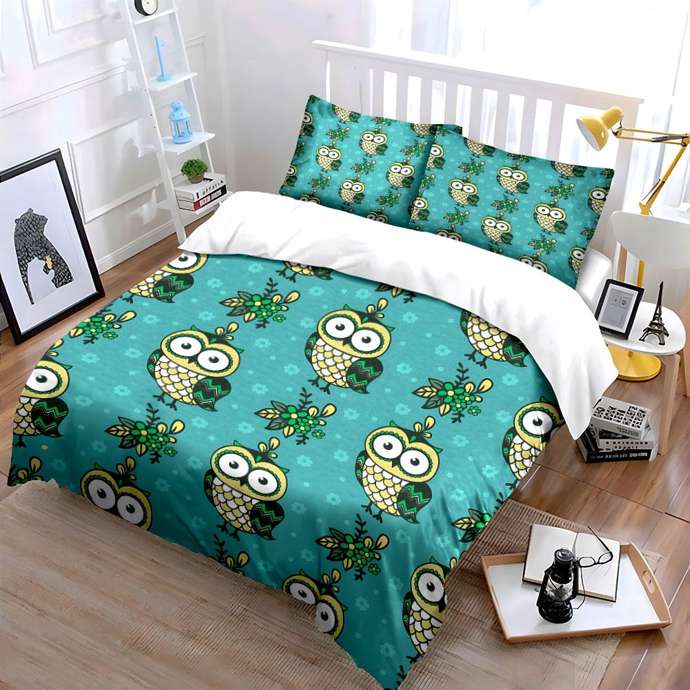Cartoon Owls and Florals Pattern Bedding Duvet Cover Set (1*Duvet Cover 2*Pillowcases, without duvet insert)