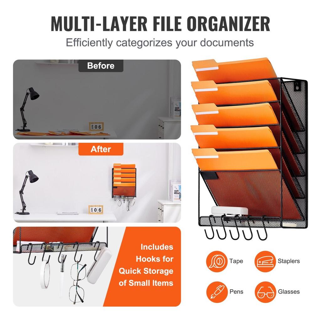 File Wall Rack, One-Piece 6 Pockets Mesh Wall File Holder, Wall Mounted Magazine Mail Paper & Document Storage Folder, Metal Wall File Organizer with