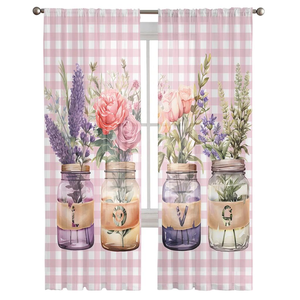 Valentine'S Day Floral Plaid Tulle Curtains For Living Room Sheer Curtain For Bedroom Kitchen Blinds Voile Curtains