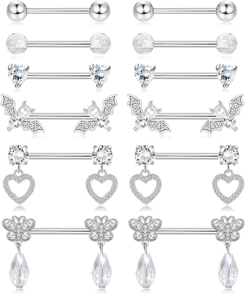 Bobisty 6 Pairs 14G Nipple Rings Set for Women 316L Stainless Steel Heart Butterfly Moon CZ Flower Nipple Rings Piercing Jewelry