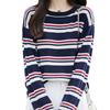 Autumn New Crew Neck Knitted Sweater Long Sleeve Women'S Navy Blue Color Matching Striped Loose Pullover Wool Bottoming Shirt