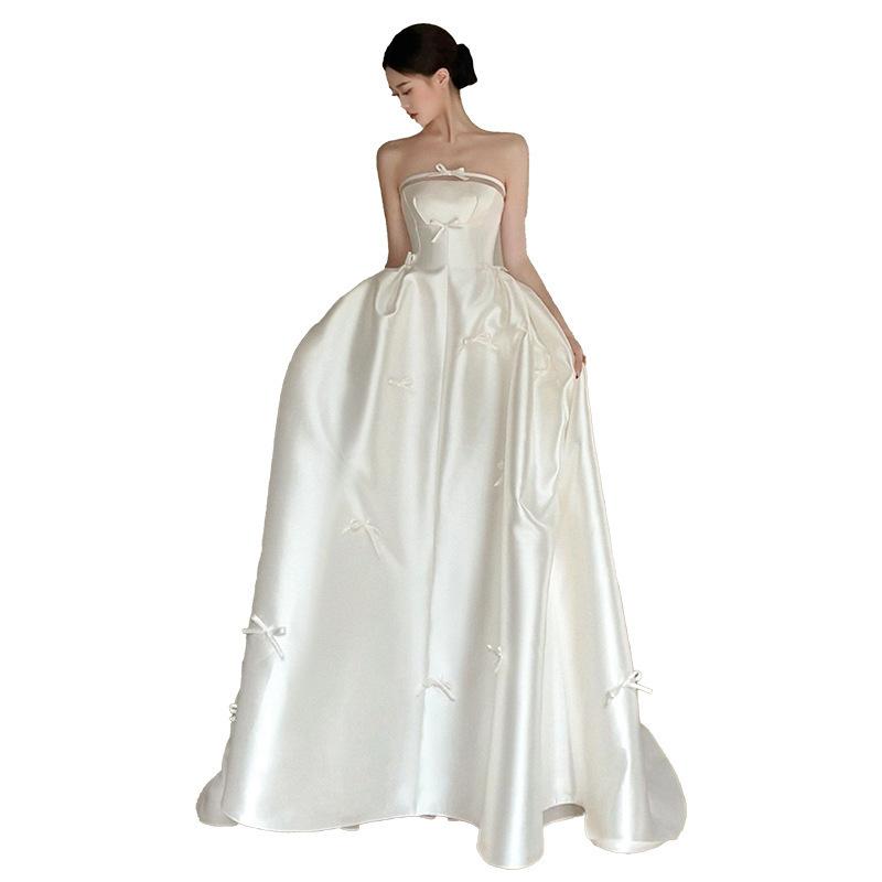 French Satin Light Wedding Dress New Bridal Simple Tube Top Going Out Dress White Bow Trailing Dress