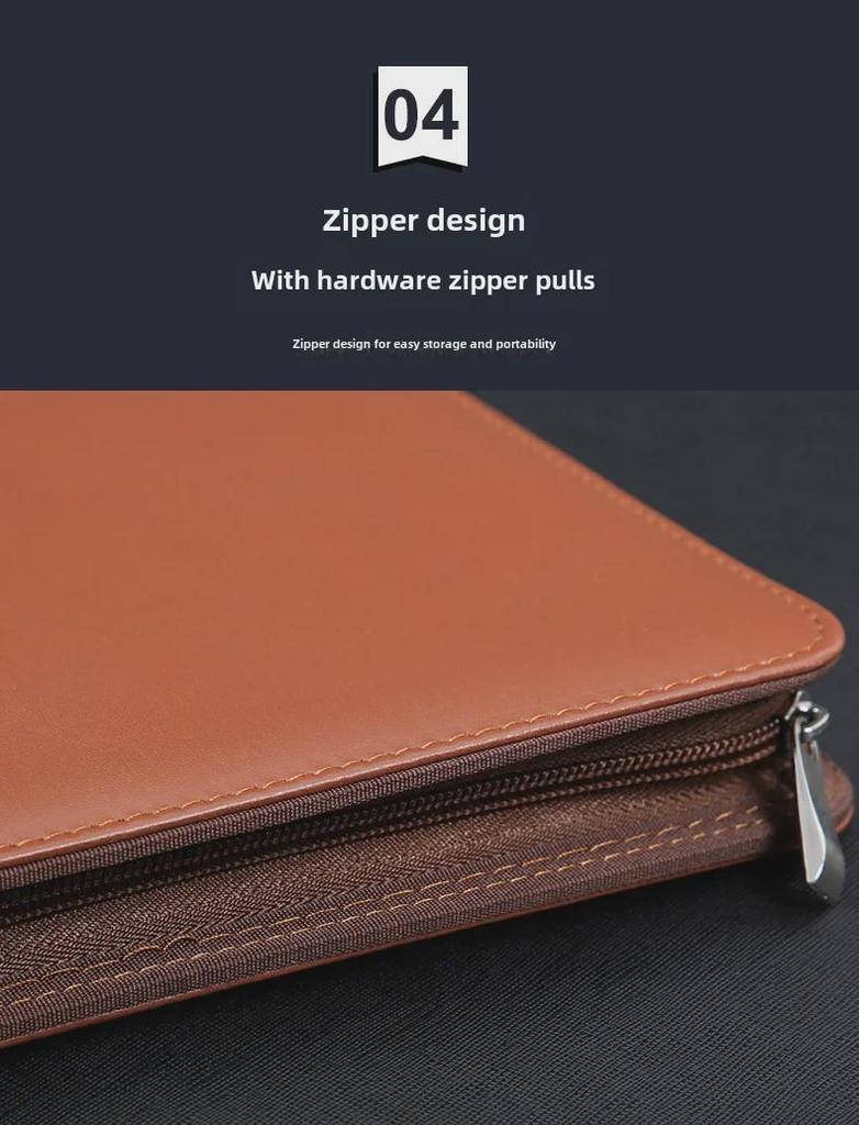 A4 Leather Multifunctional Zipper Briefcase with Notepad for Business Documents