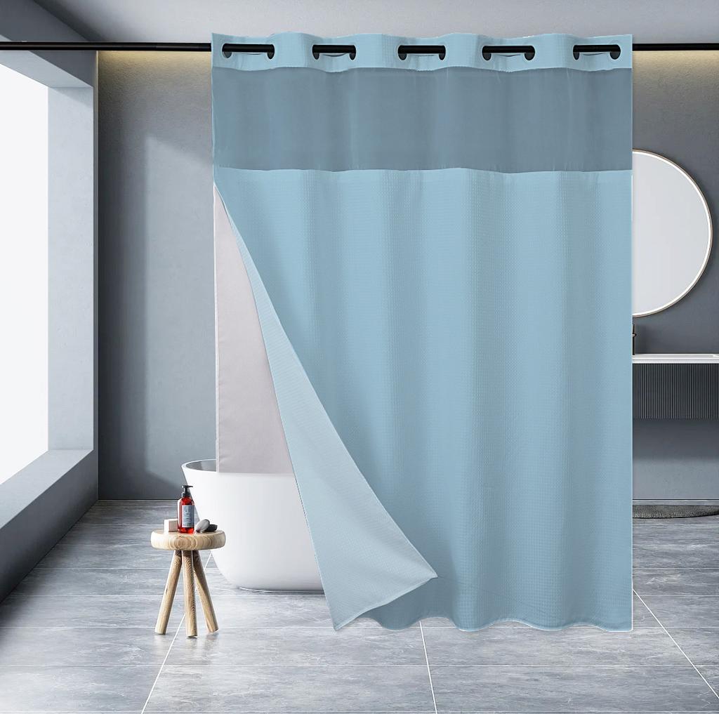 No Hook Shower Curtain with Snap In Liner, 230GSM Waffle Weave Shower Curtains for Bathroom, Hotel Grade,Spa Like Bath Curtain