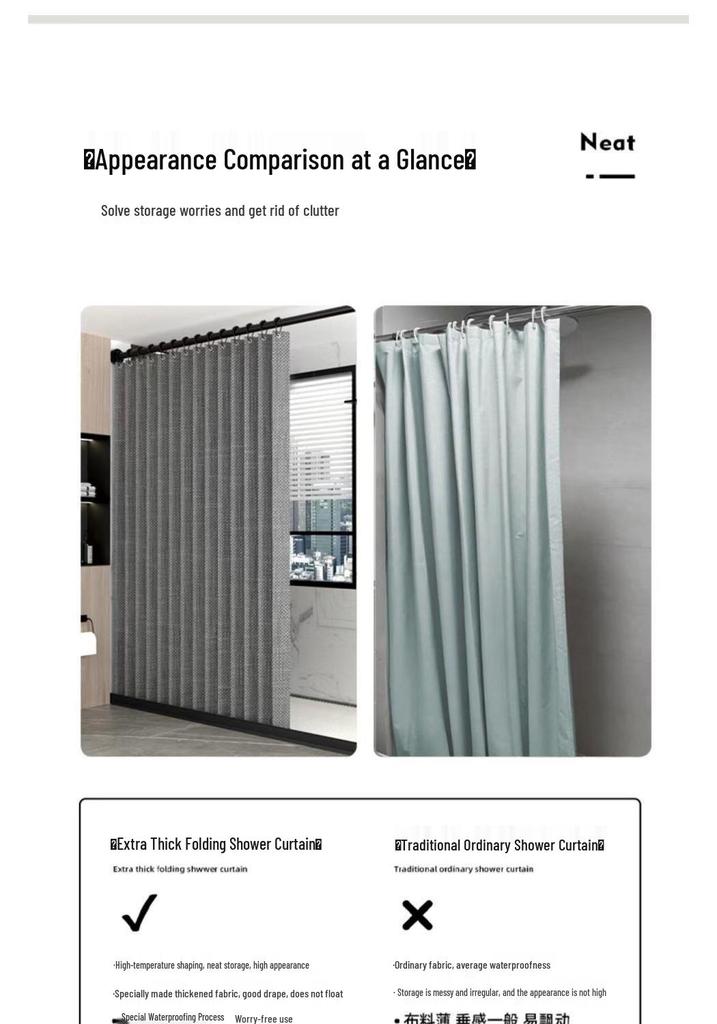 Magnetic No-Drill Waterproof Folding Shower Curtain Set for Bathroom Wet/Dry Separation